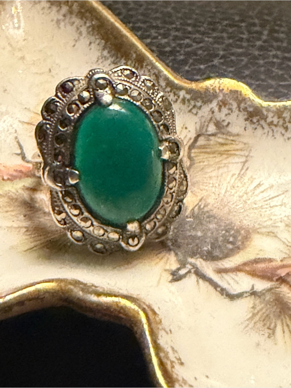 Art Deco Sterling Silver Chalcedony Marcasite Ring Size 4